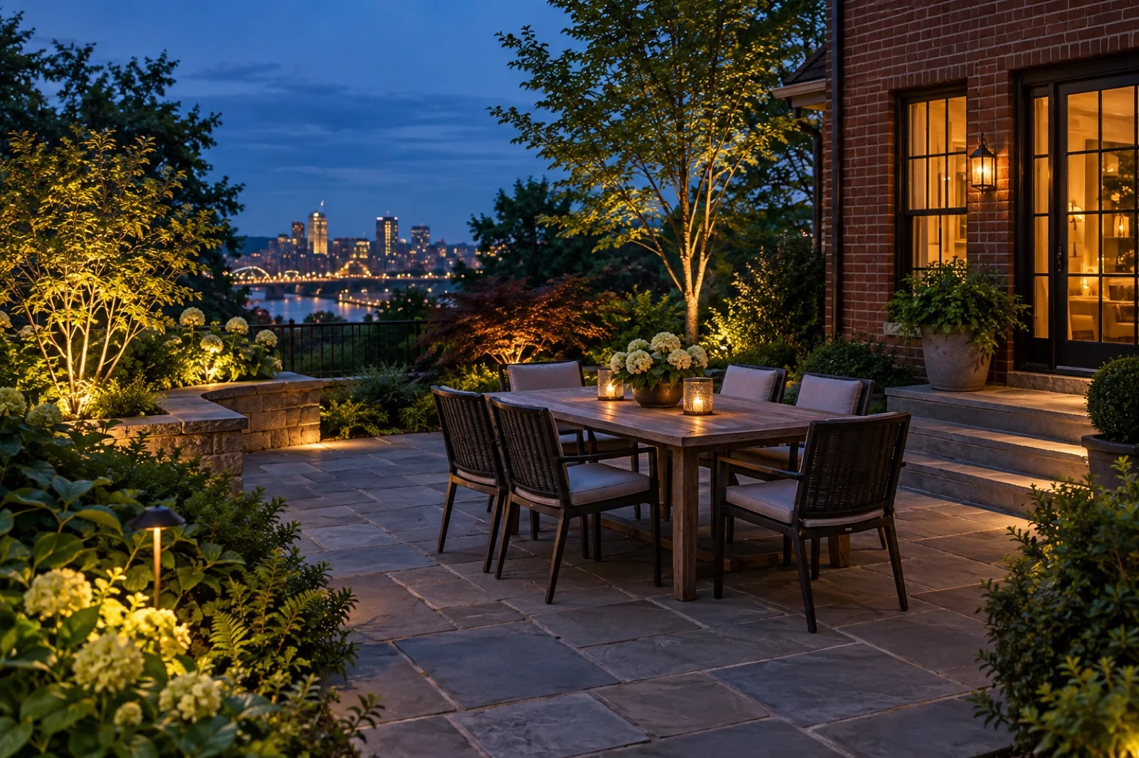 Illustrative uplighting versus downlighting concept for a Pittsburgh-style property
