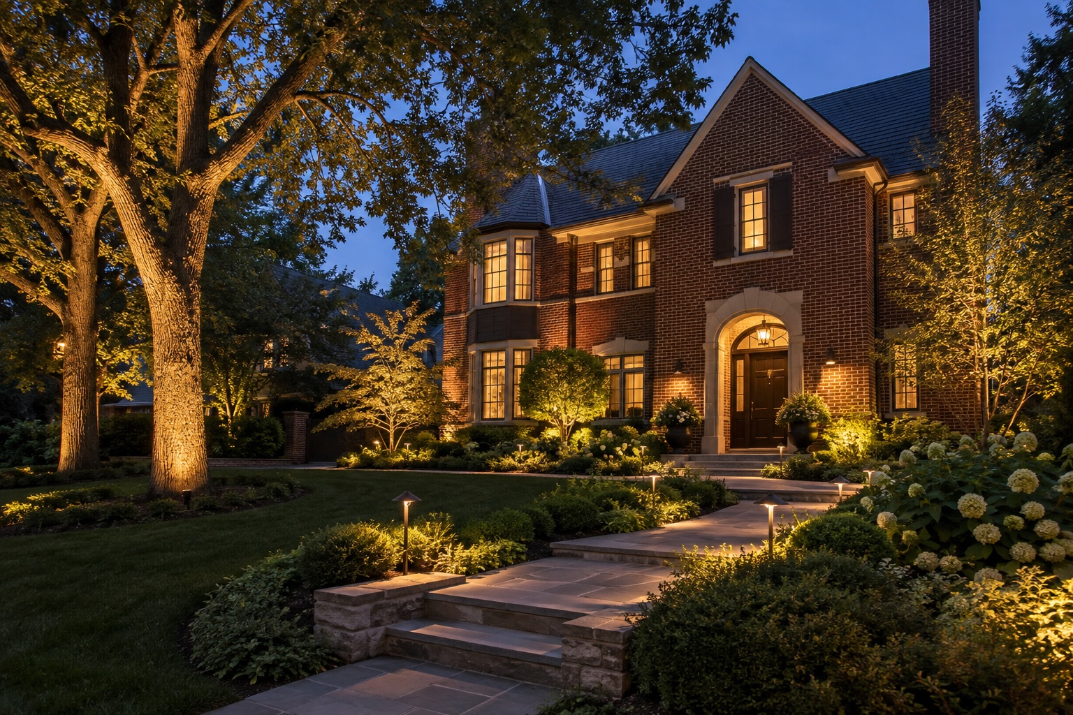AI-generated concept of warm welcome landscape lighting in a Pittsburgh-style setting