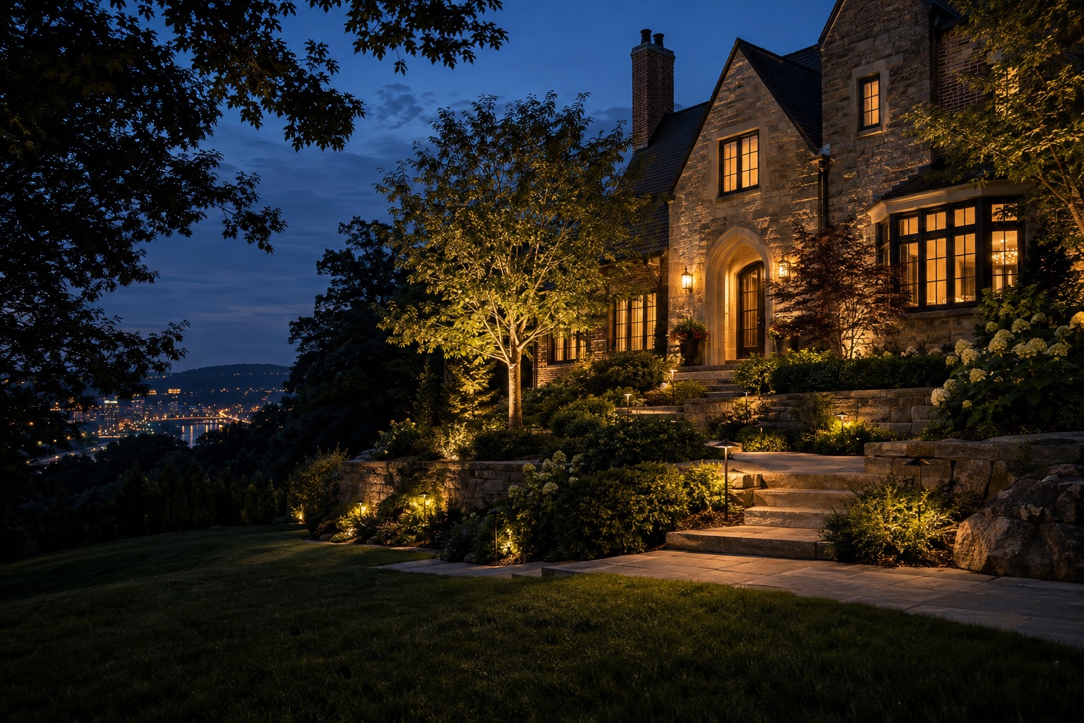 AI-generated concept of layers of light landscape lighting in a Pittsburgh-style setting
