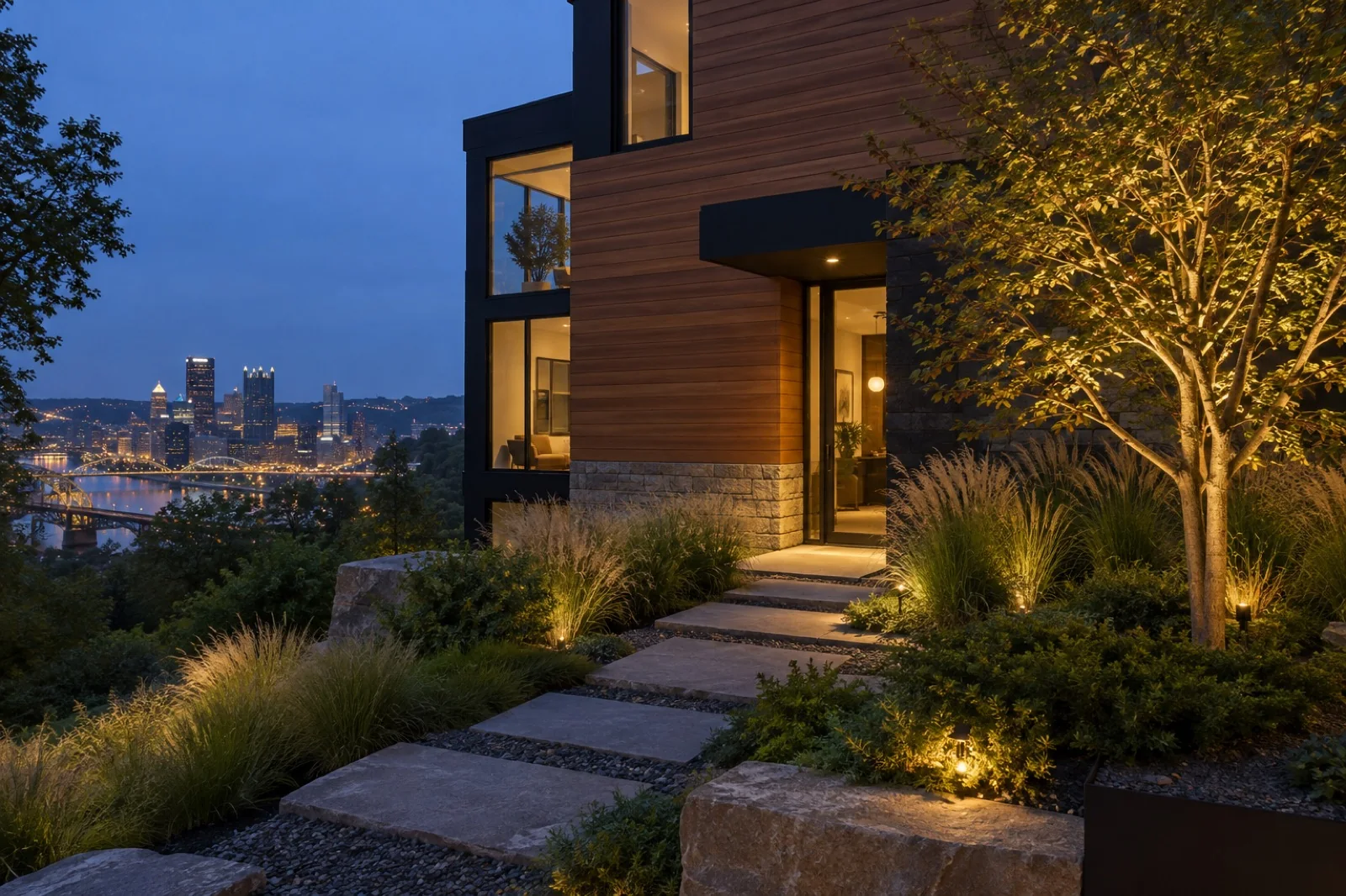 Illustrative concept of a modern line landscape lighting