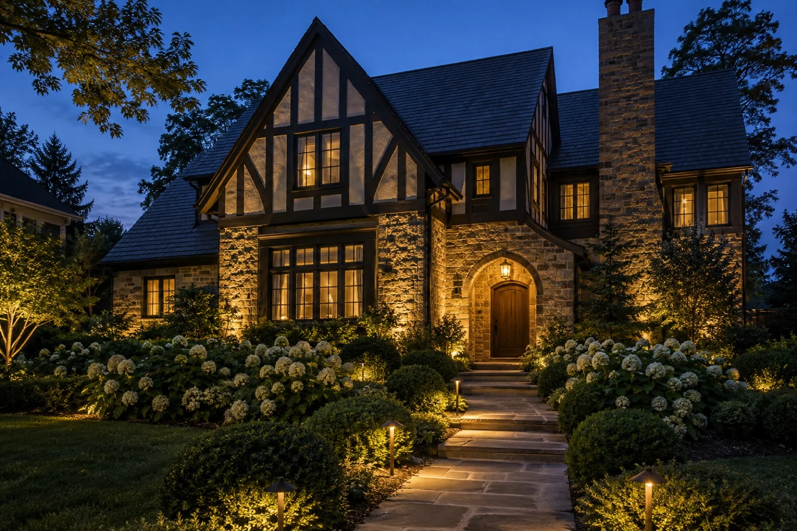 Illustrative concept of tudor twilight landscape lighting