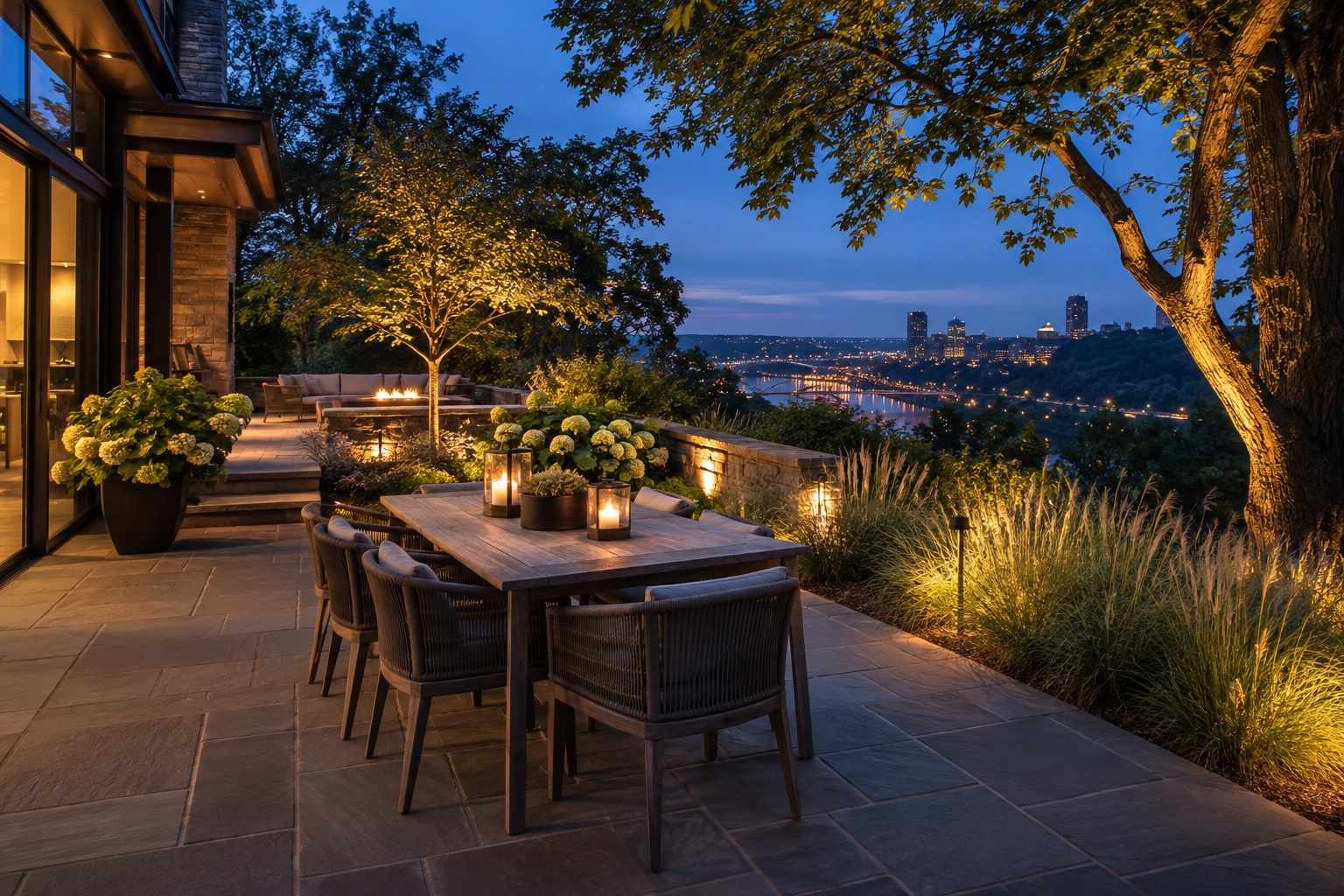 Concept image of a softly lit outdoor dining patio