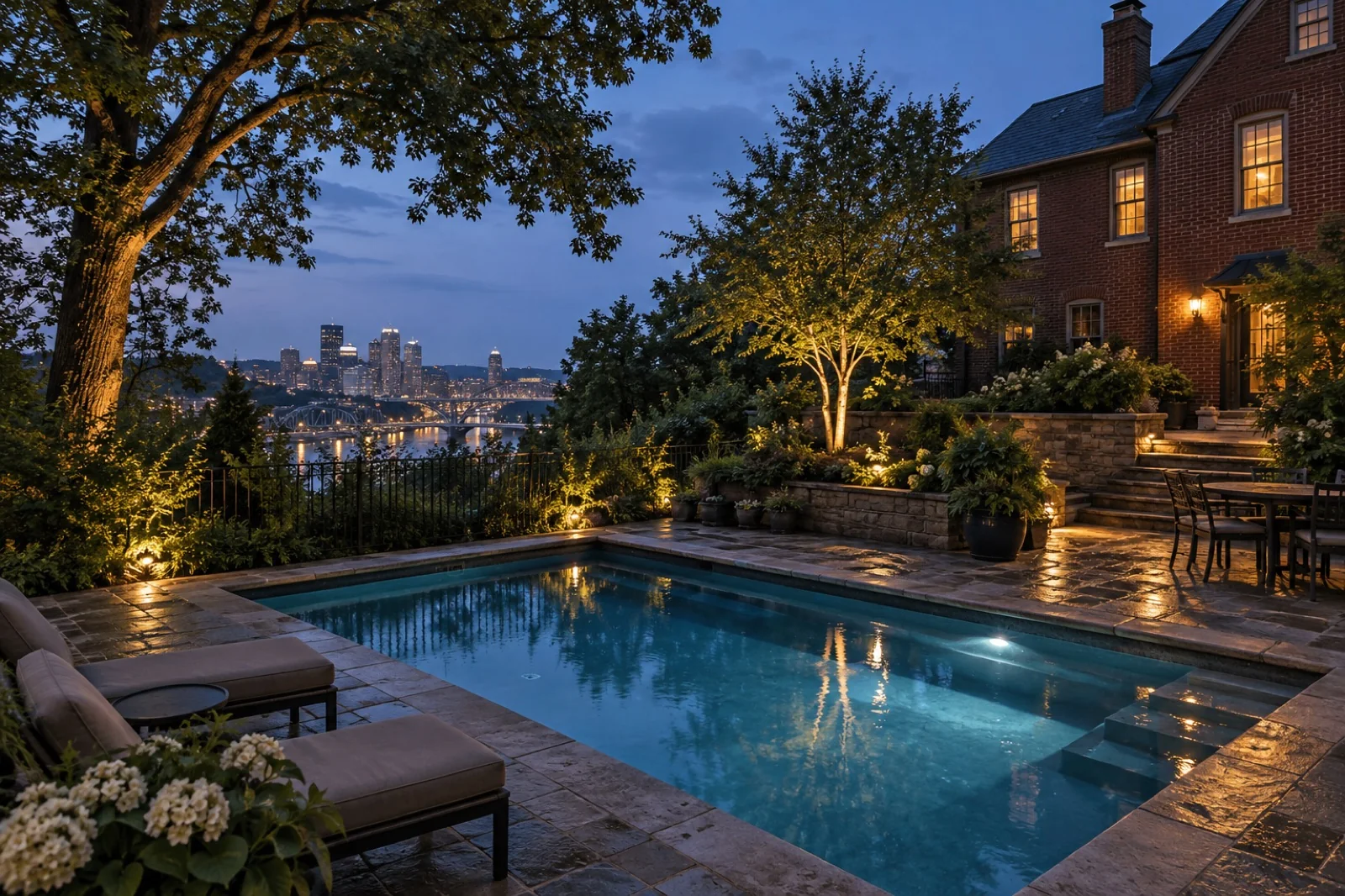 Illustrative concept of water at dusk landscape lighting