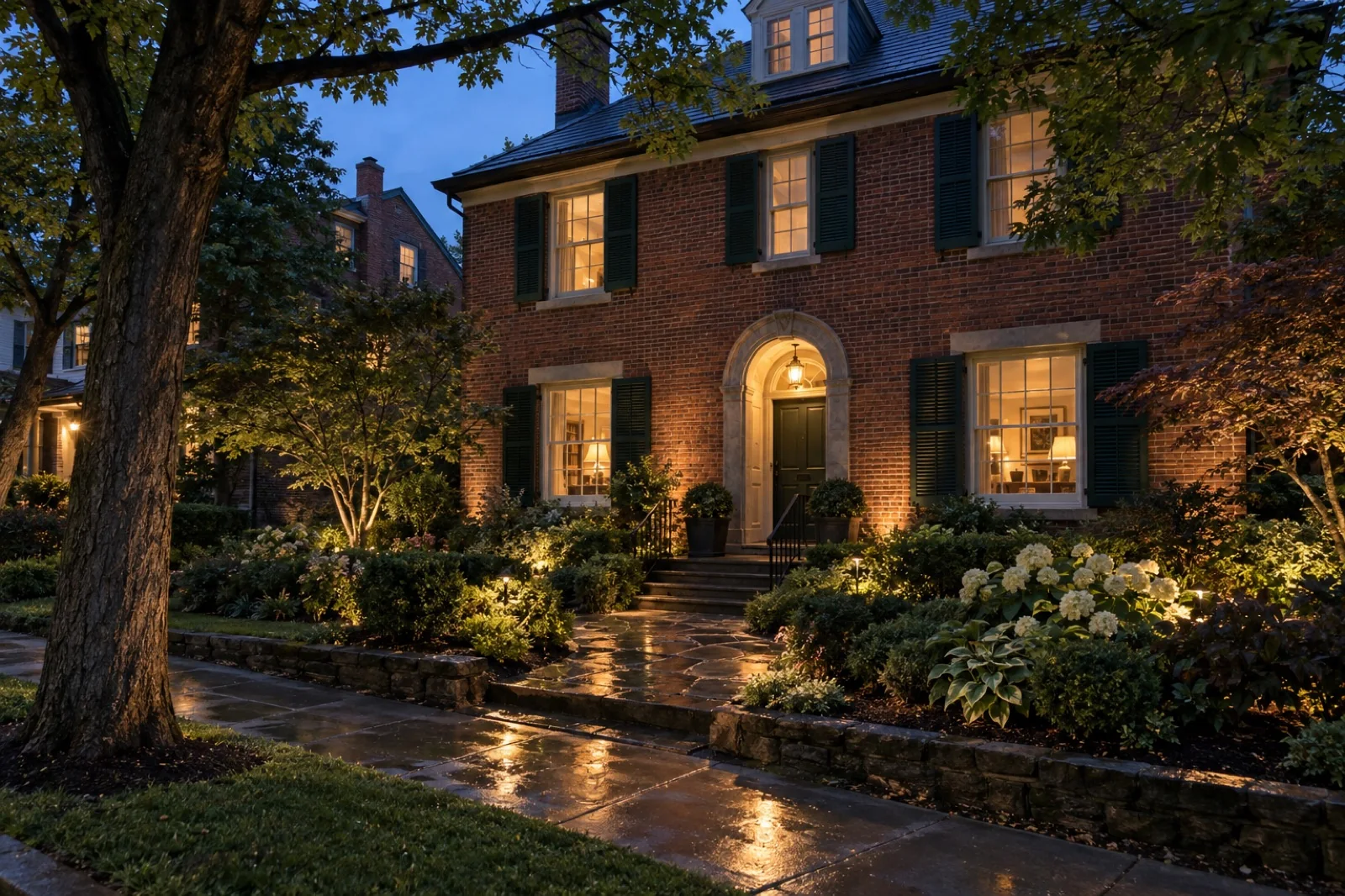 Illustrative stone retaining wall lighting concept for a Pittsburgh-style property