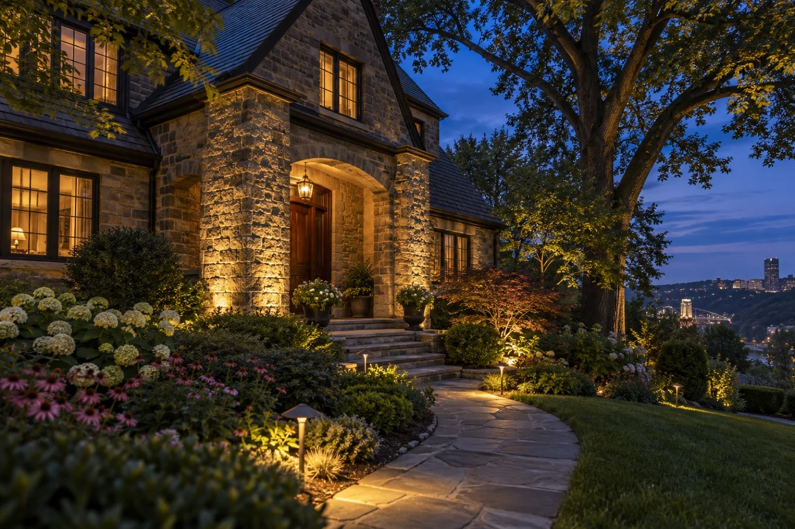 Illustrative concept of squirrel hill stone landscape lighting
