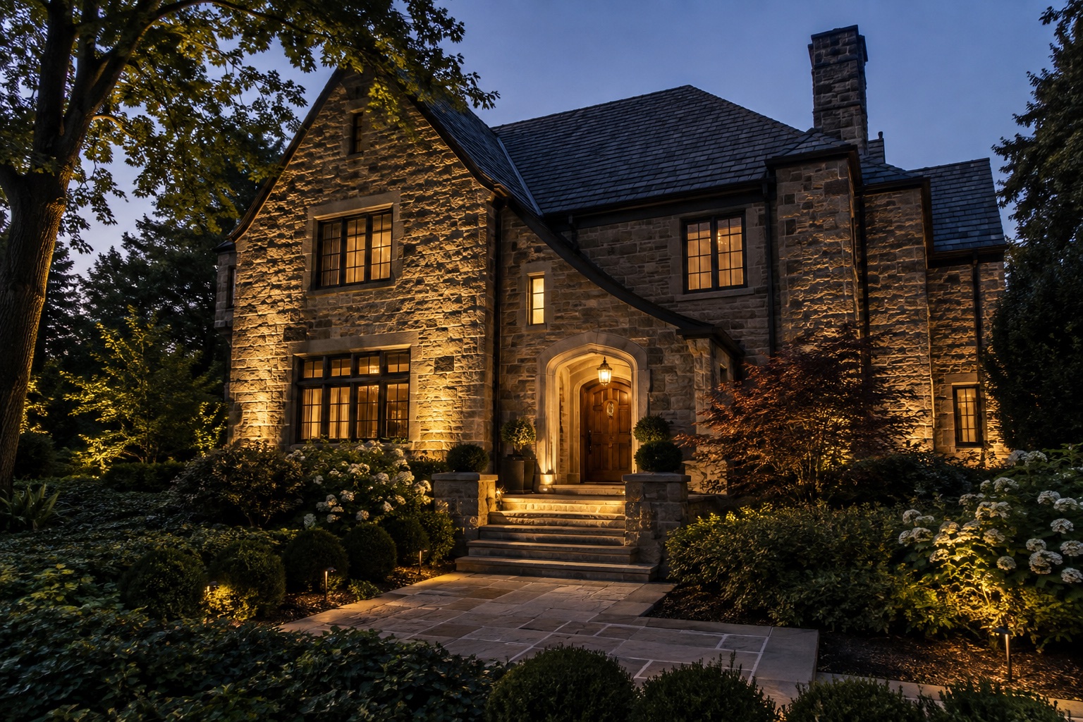 Concept image of architectural lighting on a stone home