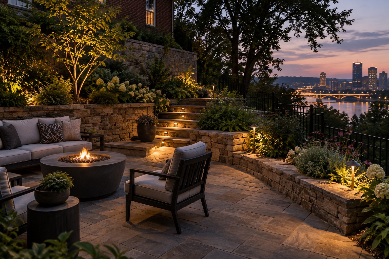 AI-generated concept of a place to gather landscape lighting in a Pittsburgh-style setting