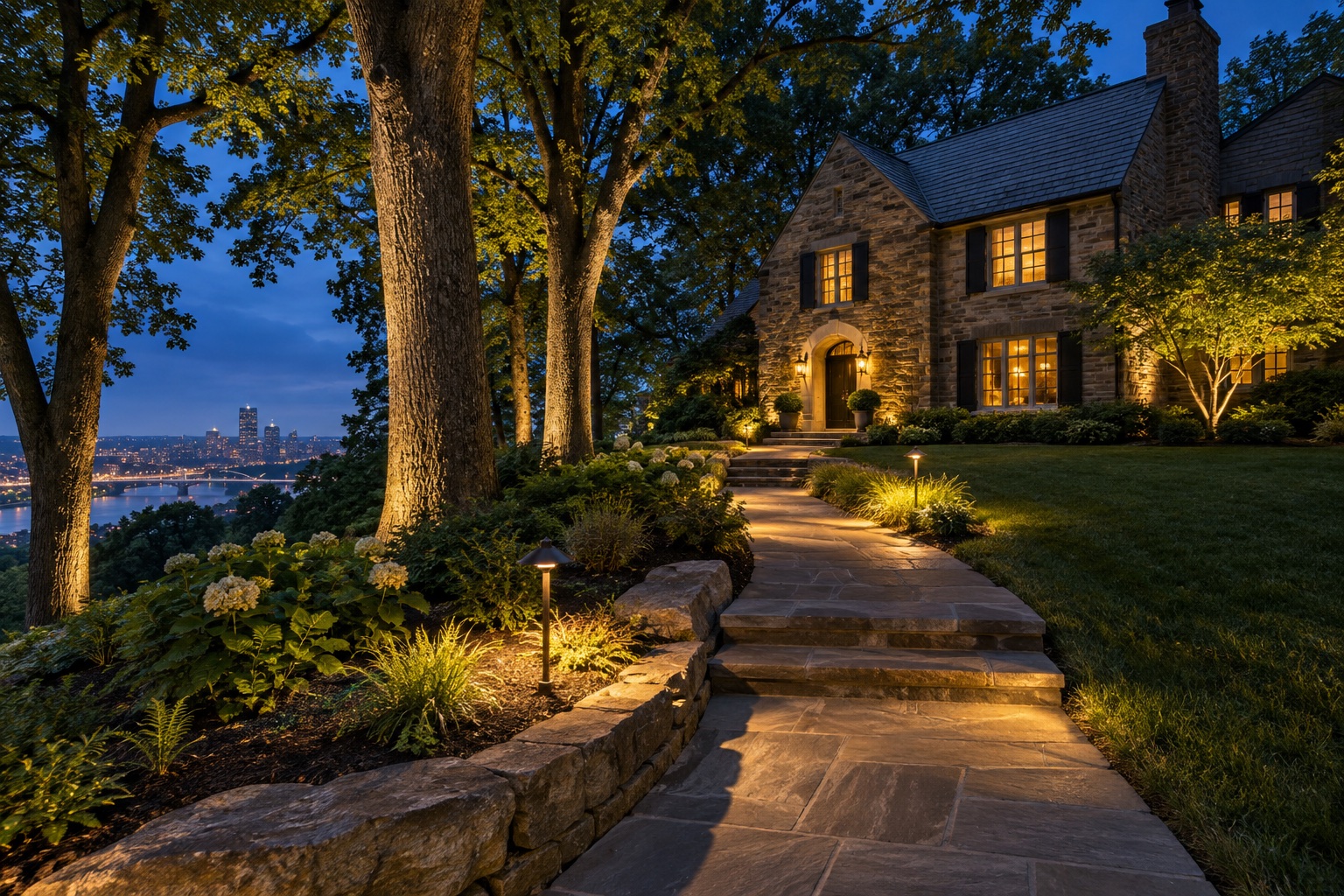 Concept image of a lit stone walkway leading to a home at dusk